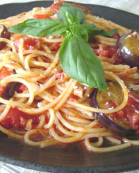 Eggplant and Bacon Spaghetti with Pomodoro Sauce